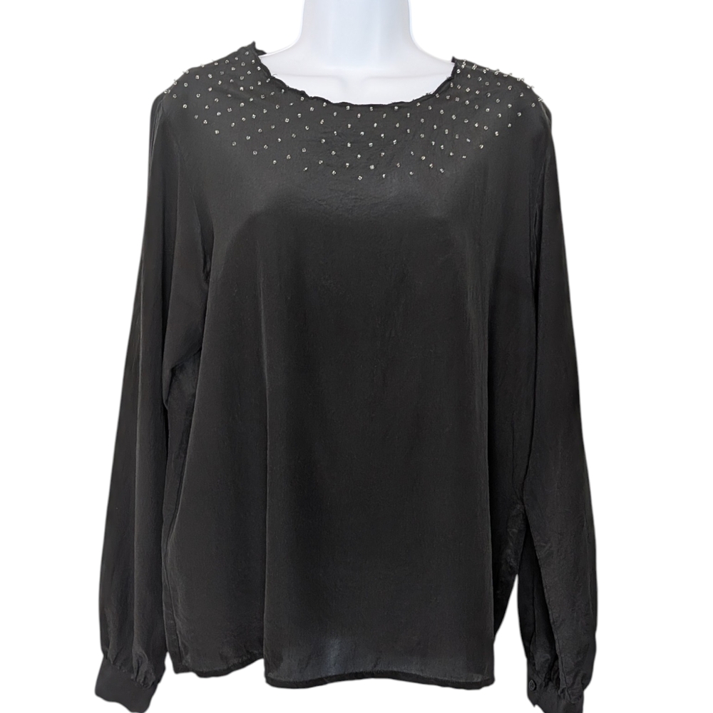 Vintage 100% Silk Black Beaded Neckline Women's Blouse